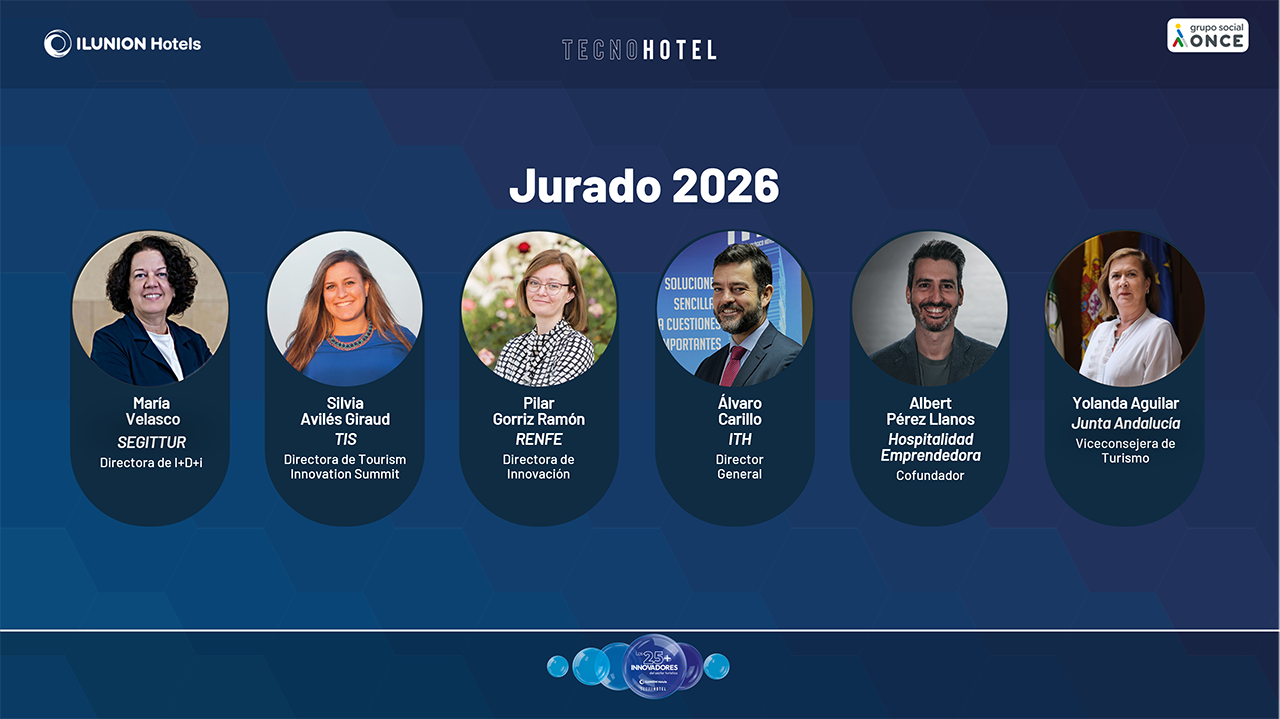 Cartel corporativo con fondo azul degradado y logotipos de “ILUNION Hotels”, “TECNOHOTEL” y “grupo social ONCE” en la parte superior, encabezado por el título “Jurado 2026” centrado; debajo aparecen seis retratos circulares alineados horizontalmente, cada uno con nombre y cargo escritos debajo, incluyendo textos legibles como “Antonio López de Ávila – ONU Turismo – Director de Innovación, Educación e Inversiones”, “Silvia Avilés Giraud – TIS – Directora de Tourism Innovation Summit”, “Pilar Goriz Ramón – RENFE – Directora de Innovación”, “Álvaro Carrillo – ITH – Director General”, “Albert Pérez Llanos – Hospitalidad Emprendedora – Cofundador” y “Yolanda Aguilar – Junta de Andalucía – Vice consejera de Turismo”; en la parte inferior hay un pequeño elemento gráfico circular decorativo centrado.