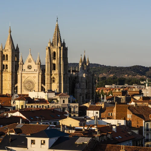Vista panorámica de una ciudad con tejados de teja rojiza en primer plano y una gran catedral gótica destacando en el centro. El edificio presenta dos torres elevadas, una aguja central ornamentada y un gran rosetón en la fachada. Al fondo se extienden colinas cubiertas de vegetación bajo un cielo despejado, iluminado por la luz cálida del atardecer.