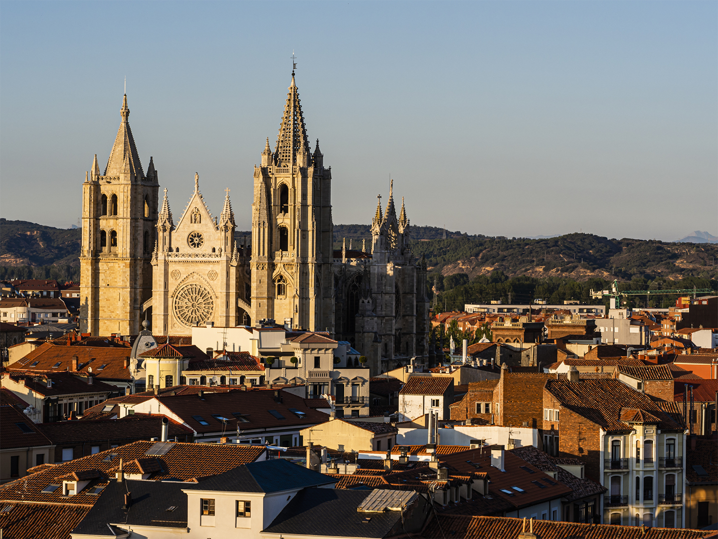 Vista panorámica de una ciudad con tejados de teja rojiza en primer plano y una gran catedral gótica destacando en el centro. El edificio presenta dos torres elevadas, una aguja central ornamentada y un gran rosetón en la fachada. Al fondo se extienden colinas cubiertas de vegetación bajo un cielo despejado, iluminado por la luz cálida del atardecer.