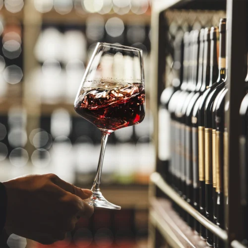 Copa de vino tinto sostenida por una mano frente a una estantería con botellas alineadas. El vino aparece en movimiento dentro de la copa, destacando los reflejos y tonalidades rojizas. El fondo desenfocado muestra una bodega o tienda especializada, con iluminación cálida y puntos de luz que realzan el ambiente.