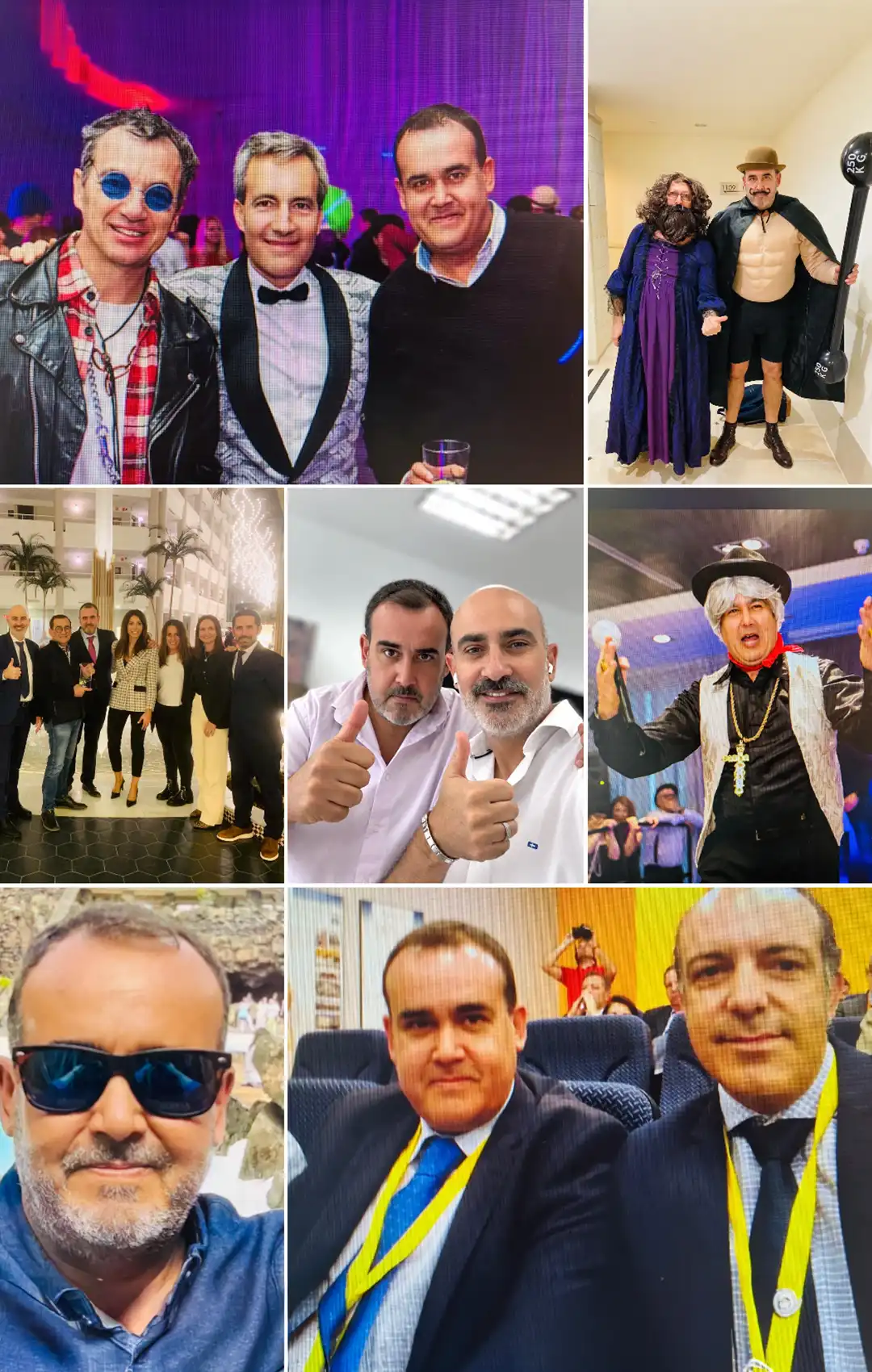 Collage de varias fotografías de eventos corporativos y encuentros profesionales. Las imágenes incluyen retratos individuales y grupales, asistentes disfrazados en una celebración temática, fotografías durante actos sociales y congresos, y momentos informales capturados en diferentes espacios interiores. El conjunto reúne instantáneas de actividades profesionales, networking y eventos organizativos.