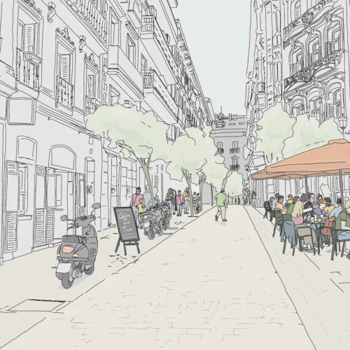 Ilustración de una calle urbana con edificios de arquitectura histórica, balcones y árboles alineados a ambos lados. A la derecha, varias personas ocupan la terraza de un café bajo sombrillas, mientras otras caminan por la calle peatonal. También se observan motocicletas aparcadas y un cartel junto a la fachada. El dibujo utiliza líneas suaves y colores claros, evocando una escena cotidiana de vida urbana.