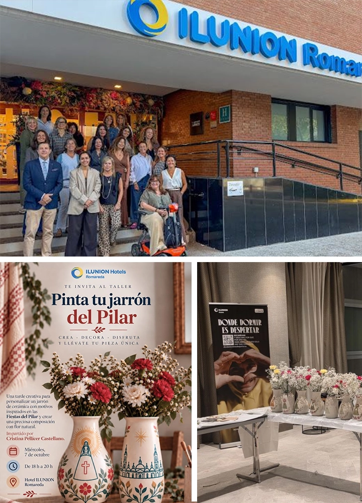 Grupo de personas frente al Hotel ILUNION Romareda, junto a un cartel del taller “Pinta tu jarrón del Pilar” y una sala preparada para el evento con sillas dispuestas para los asistentes.