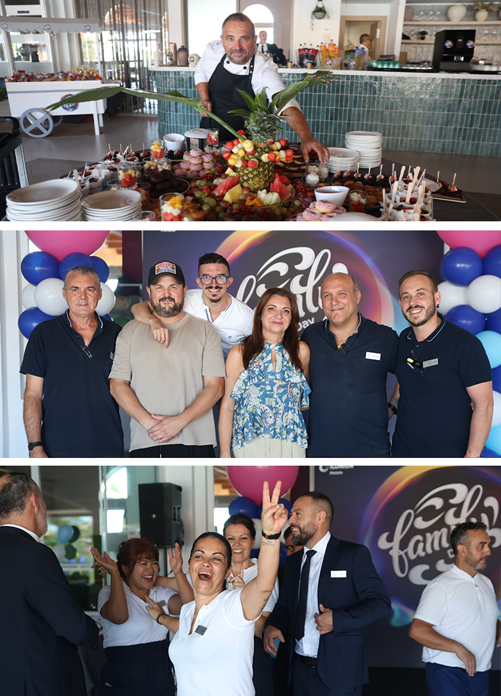 Tres imágenes de una celebración en un hotel: un buffet de postres decorado con fruta y dulces, una fotografía de grupo frente a un panel con el mensaje 