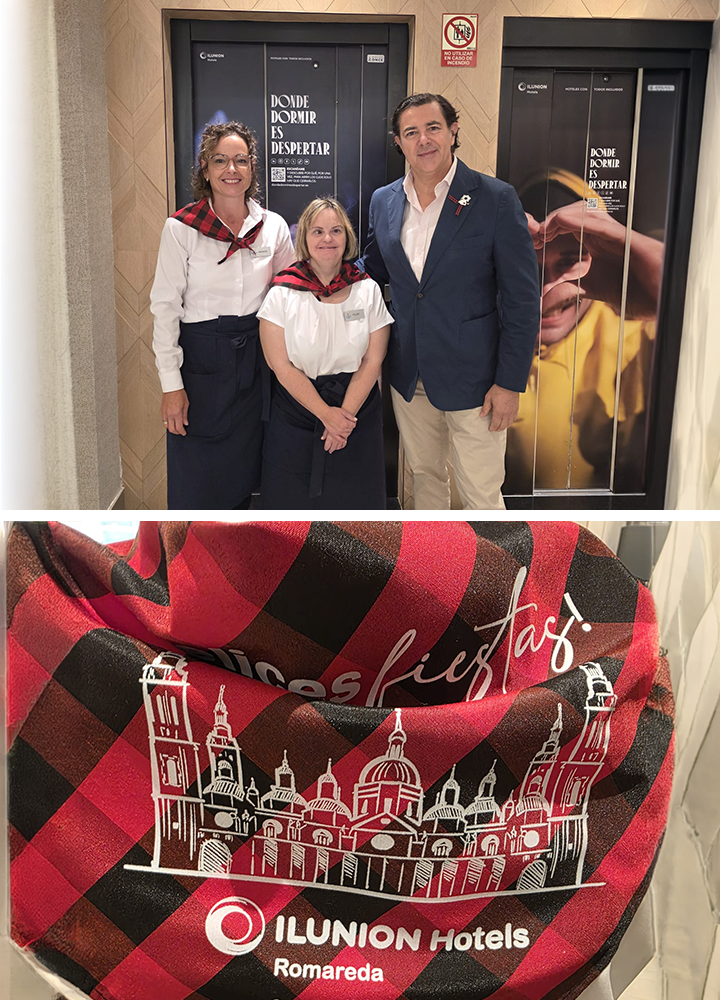 Tres personas posan en un hotel junto a unos ascensores decorados con la frase “Donde dormir es despertar”. En la parte inferior, un pañuelo de cuadros rojos y negros con una ilustración urbana y el logotipo de ILUNION Hotels Romareda.